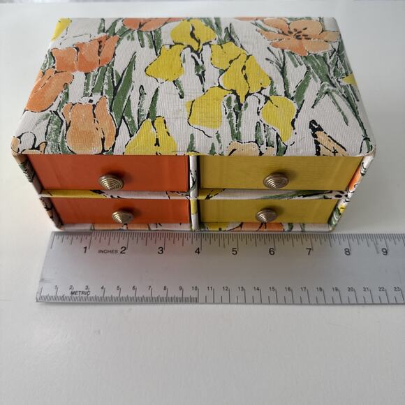 Vintage 1960s Jewelry Box 4-Drawer Orange Yellow Floral MCM Tulip Design 8x5 in - Picture 9 of 12